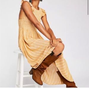 Free People Women Chambray Butterflies Midi Dress In Yellow Smocked XS